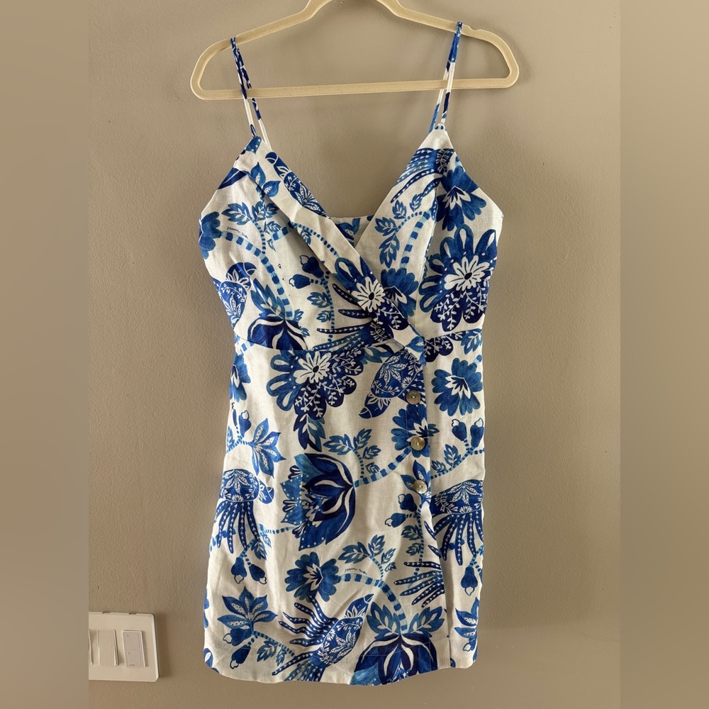 NWT - FARM Rio Off white Floral Birds Euroflax Mini Dress